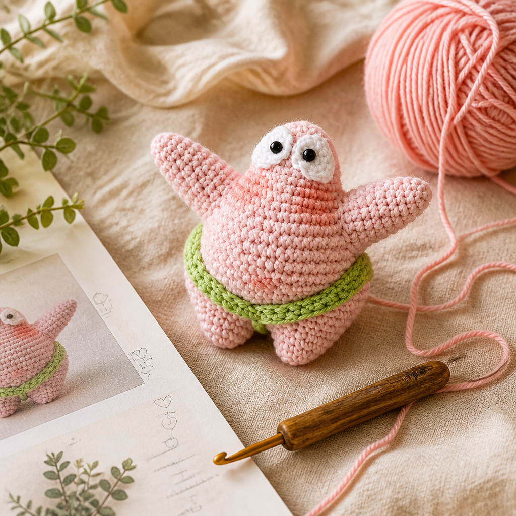 A pink crocheted starfish with big googly eyes and green shorts on a linen cloth, beside a ball of pink yarn, a wooden crochet hook and a printed pattern page