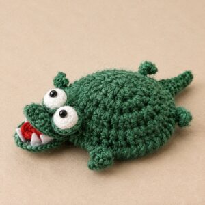 A crocheted dark green crocodile coaster seen from the side on a peach background: a flat round body with a raised corded rim, a pointed tail, thin curled legs ending in claws, two white eyes with black pupils sitting in green lids, and open jaws with a red tongue and white felt teeth