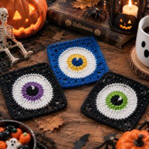 Three eyeball granny squares on dark wood — one black square with a purple iris, one blue square with a yellow iris and one black square with a green iris — beside a lit jack-o'-lantern, a toy skeleton, a book marked Halloween, a plastic spider, a candle lantern, a ghost-face mug and a bowl of pumpkin sweets