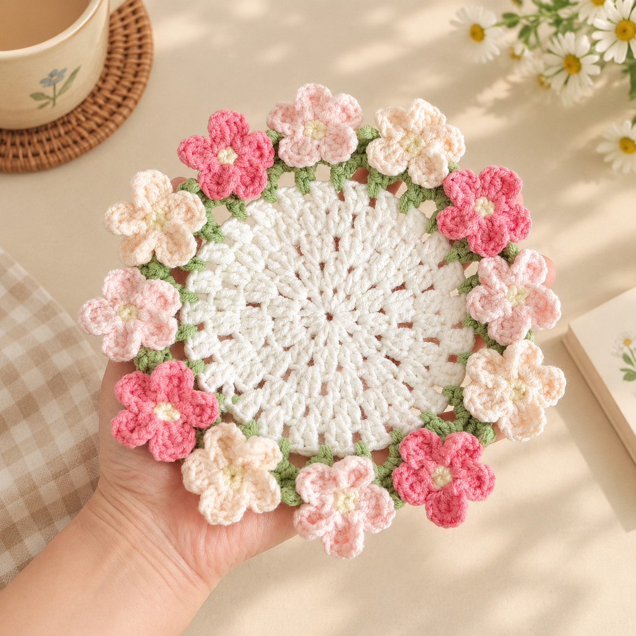 A forget-me-not coaster held flat on an open hand: a white openwork centre with spokes of small holes, a green leaf edging and five-petal flowers in pink, pale pink and peach round the rim