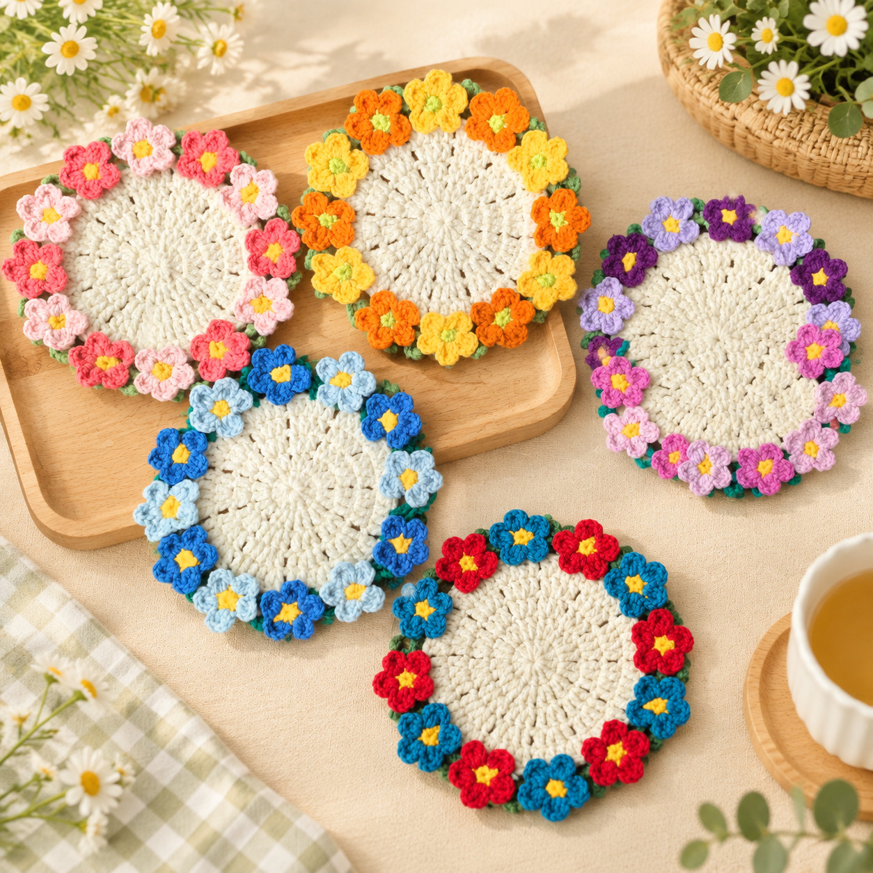 Five forget-me-not coasters on a table, each a cream centre ringed with five-petal flowers: pink and red, orange and yellow, purple and lilac, dark and pale blue, and red and blue
