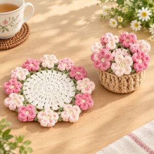 A crocheted forget-me-not coaster lying flat on a wooden table in sunlight: a white openwork centre, a green leaf edging and a ring of pink and pale pink five-petal flowers, beside a small tan ribbed crocheted flower pot filled with the same flowers, with a teacup behind