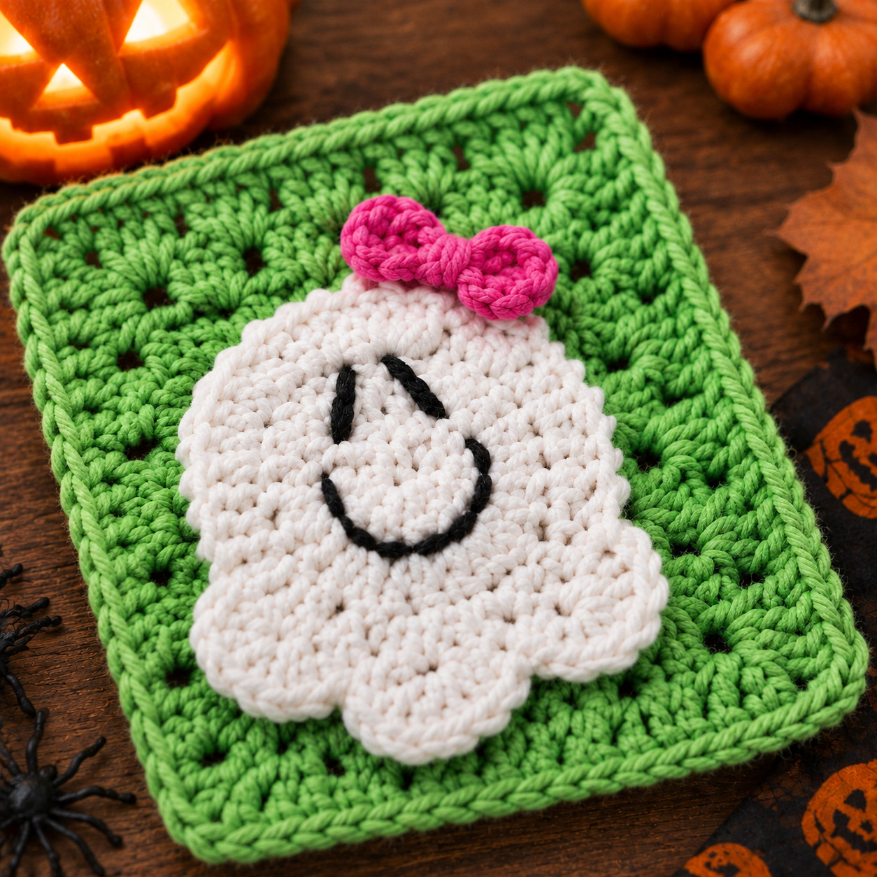 Close-up of one ghost granny square at an angle, showing the scalloped hem, the stitched black face and a pink bow on top of the head