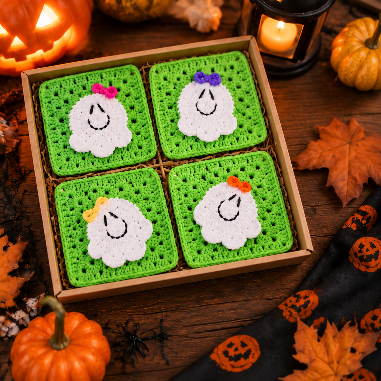 Four ghost granny squares packed in a kraft gift box on dark wood, with autumn leaves and a lit jack-o'-lantern behind