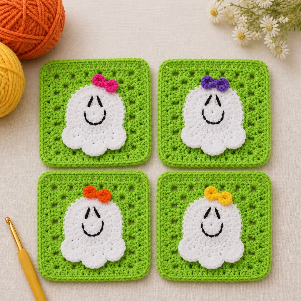 Four ghost granny squares laid flat on cream linen beside two balls of yarn, a gold crochet hook and a sprig of daisies