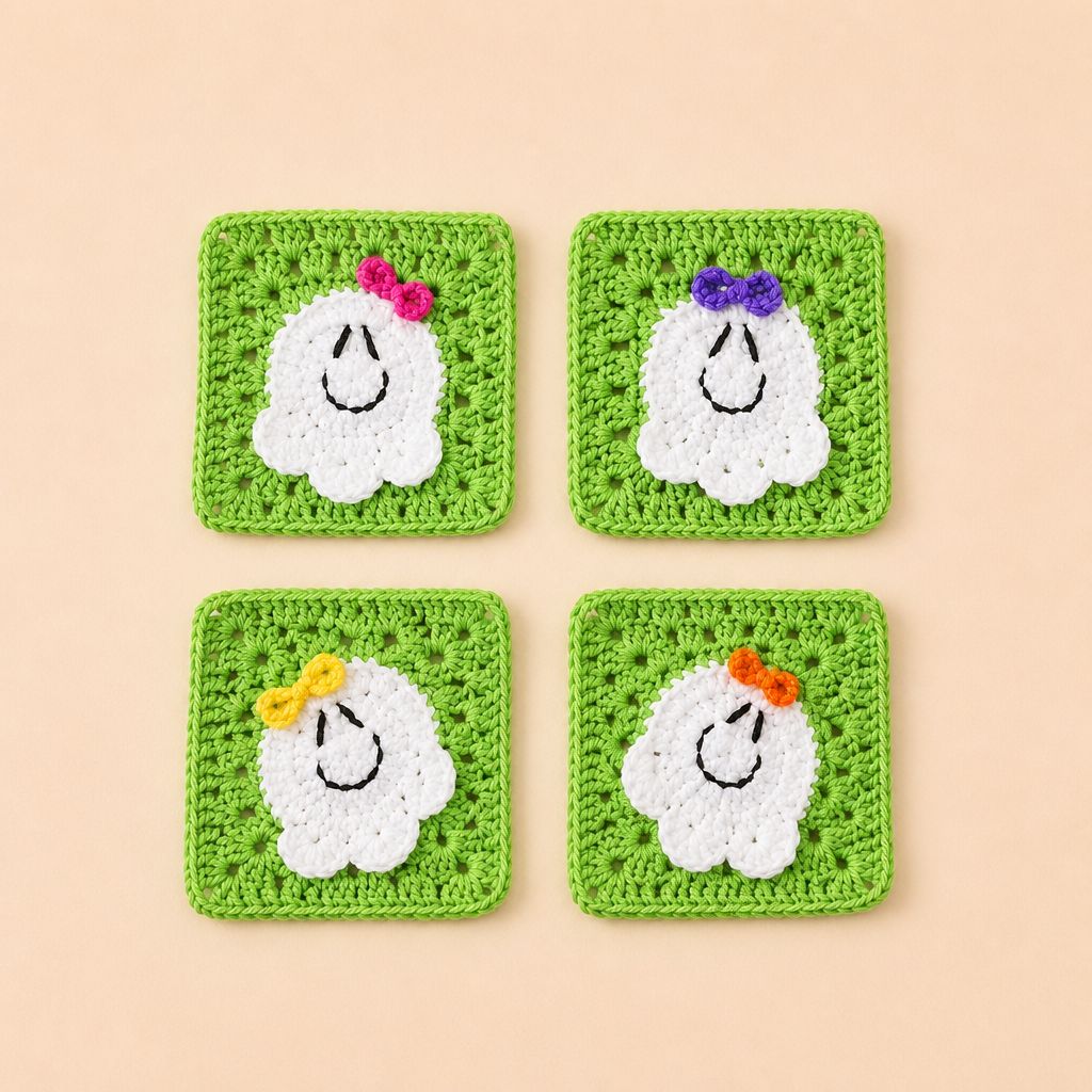 Four ghost granny squares laid out in a block of four on a plain peach background