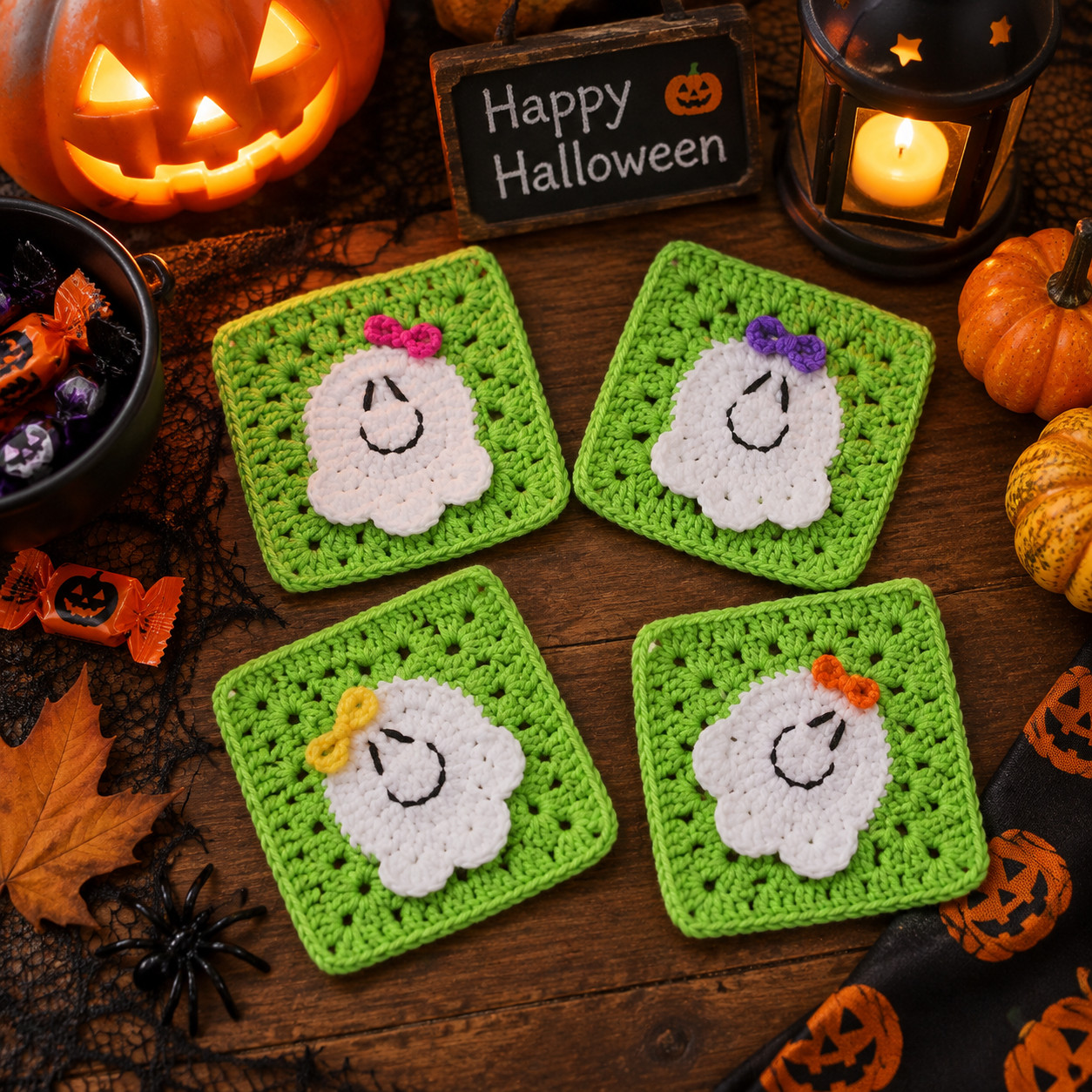 Four green granny squares, each with a white crocheted ghost and a small bow in pink, purple, yellow or orange, on dark wood among a lit jack-o'-lantern, a candle lantern, mini pumpkins and a Happy Halloween sign