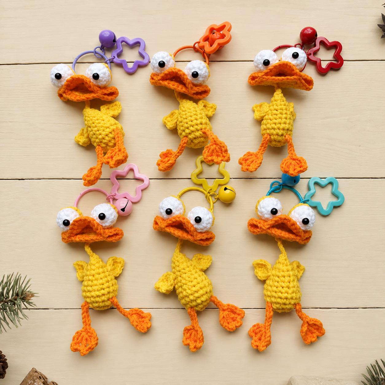 Six crocheted yellow ducks laid out in two rows on pale wooden boards, each with big white goggle eyes with black pupils, a wide folded orange bill, a round yellow body with little wings and long orange legs with fan-shaped feet; each hangs from a coloured ring with a star-shaped clasp and a bell, in purple, orange, red, pink, yellow and blue, with pine sprigs at the edges