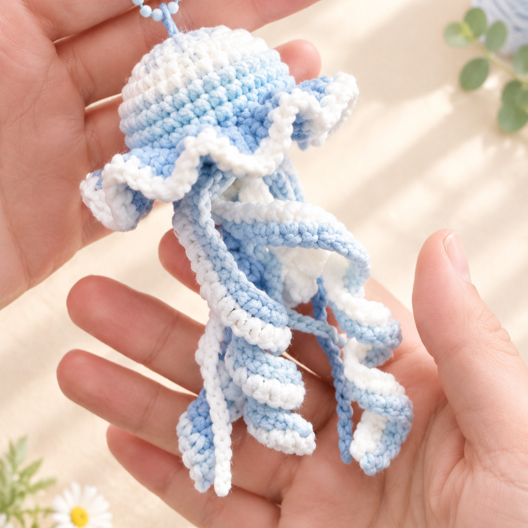 A blue and white crocheted jellyfish hanging from a pale blue ball chain over an open hand, its white-edged ruffle and curly blue and white tentacles falling across the palm
