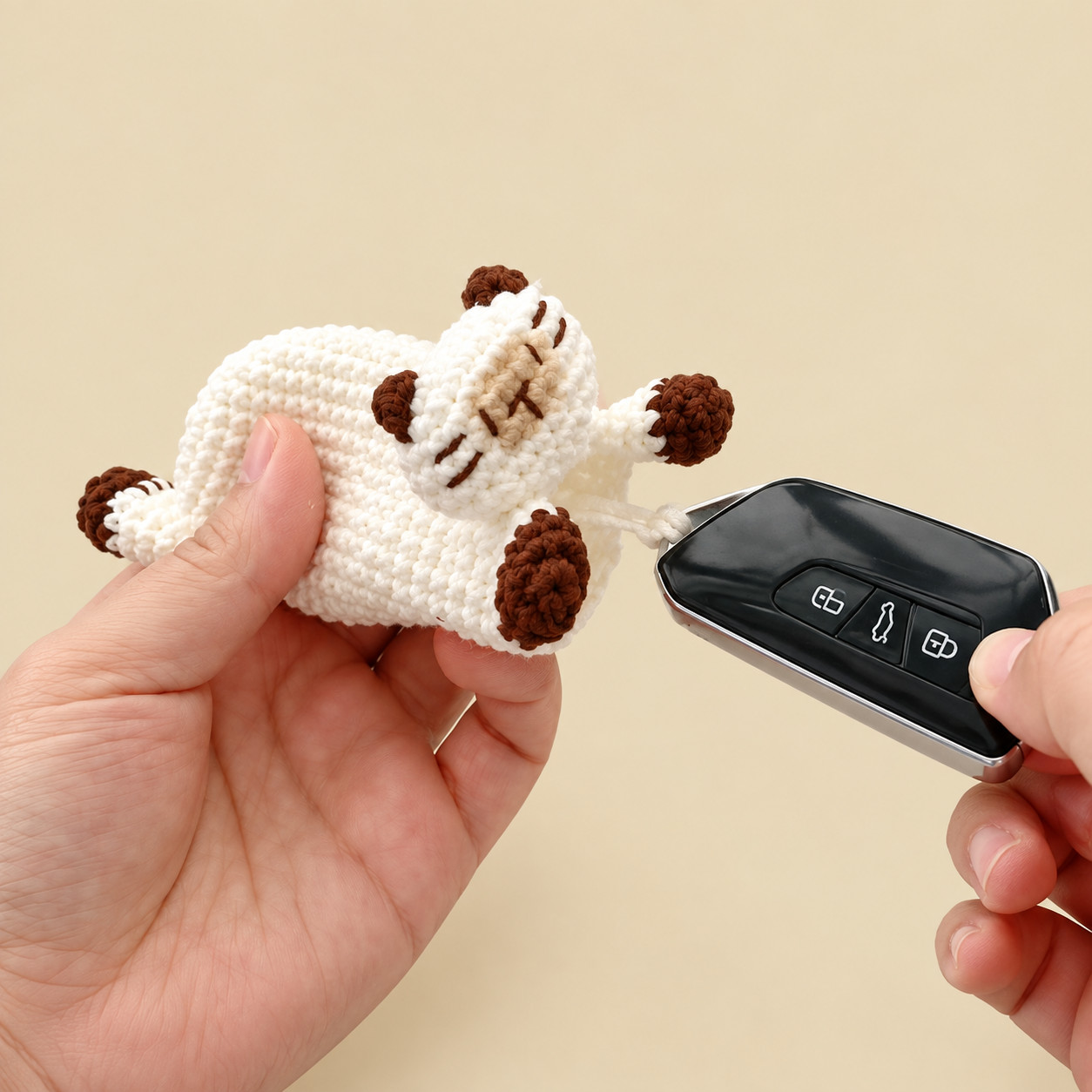 A white crocheted Siamese cat key pouch held in one hand against a beige background, the cat lying along the pouch with chestnut ears and paws and a beige muzzle with stitched chestnut eyes, nose and whiskers; a white cord comes out of the pouch beside its head, looped through a black car key fob held in the other hand