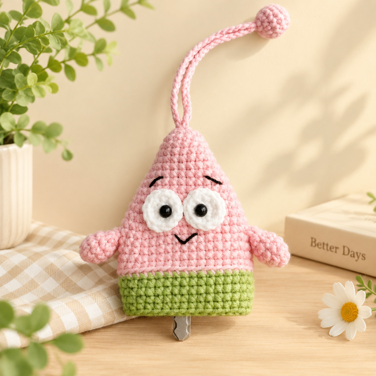 A crocheted pink starfish key pouch standing on a wooden shelf against a cream wall: white eyes with black pupils, stitched black eyebrows and a small smile, two stubby arms and green shorts, its pink cord looped up to a small ball, and the tip of a key showing below