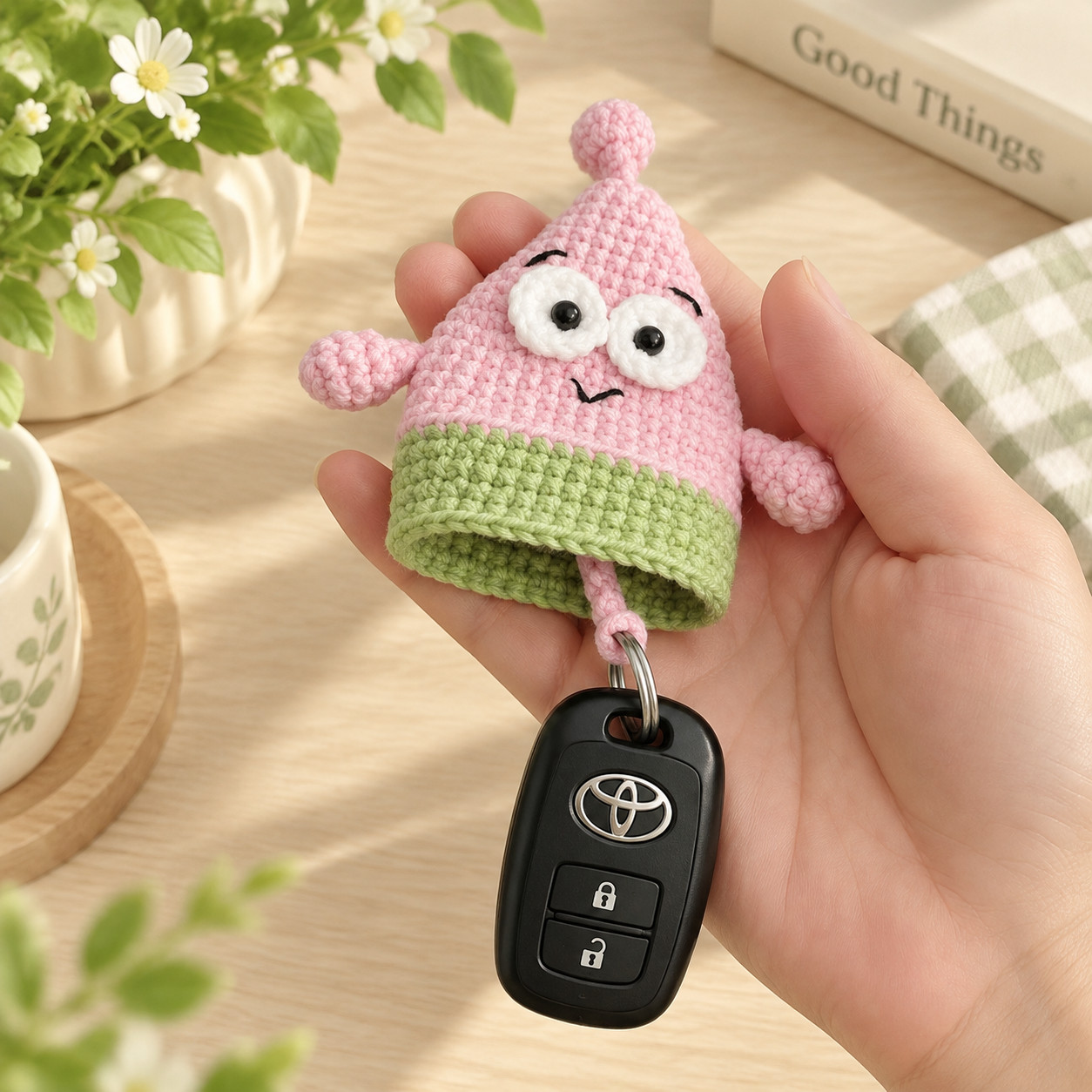 A crocheted pink starfish key pouch held in an open hand: white eyes with black pupils, stitched black eyebrows and a small smile, two stubby arms and green shorts, a small pink ball on top, and a black car key fob on a metal ring drawn out on the cord below