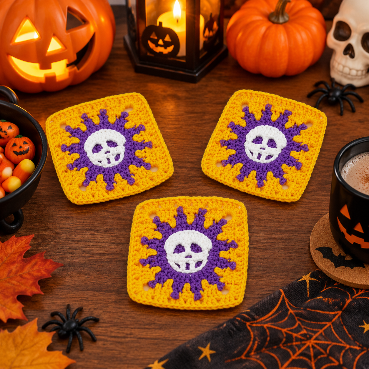 Three skull granny squares on dark wood beside a lit jack-o'-lantern, a bowl of pumpkin sweets, a black mug of cocoa and autumn leaves
