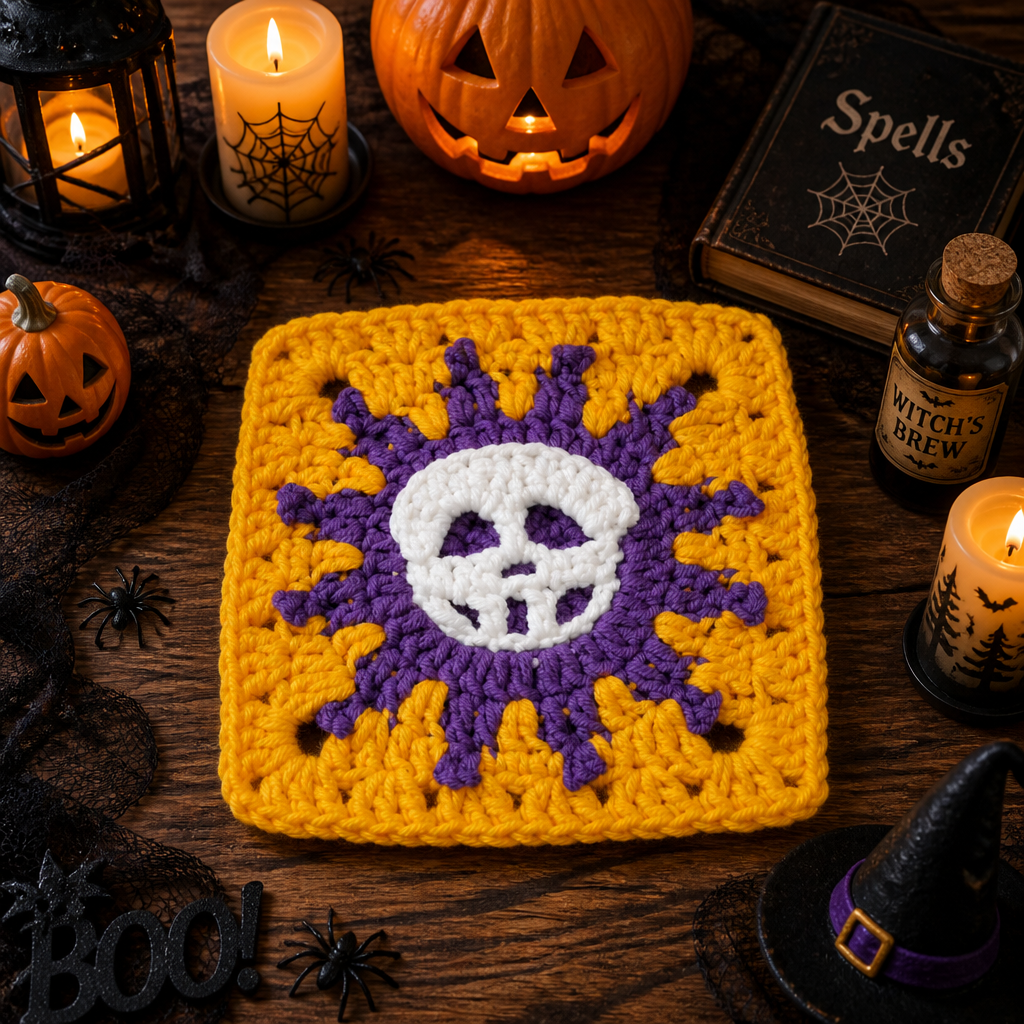 A yellow granny square with a purple sunburst and a white crocheted skull, on dark wood beside a lit jack-o'-lantern, candles, a book marked Spells, a Witch's Brew bottle and a witch's hat