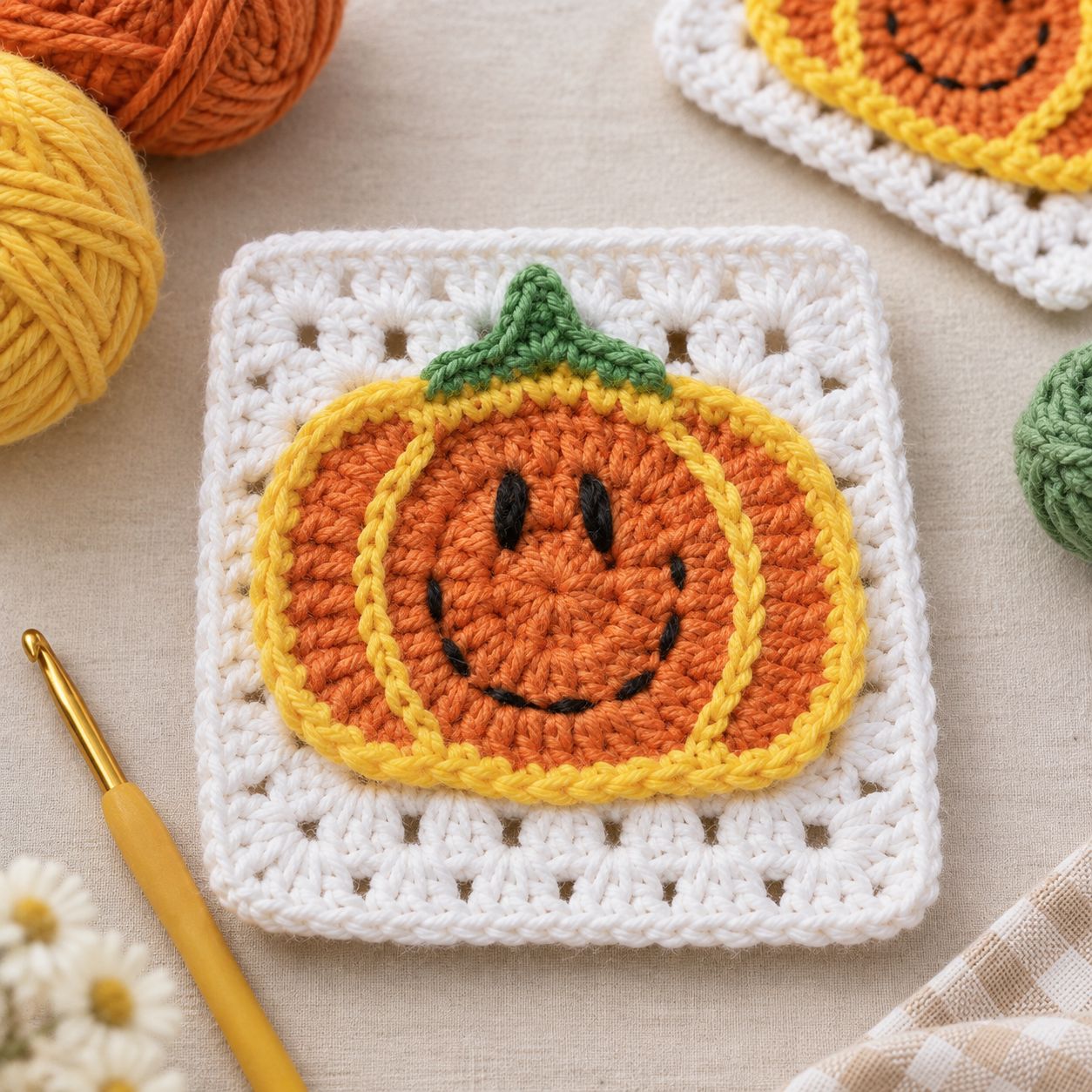 The pumpkin granny square seen at an angle on cream linen, beside balls of orange and yellow yarn, a gold crochet hook and a sprig of daisies