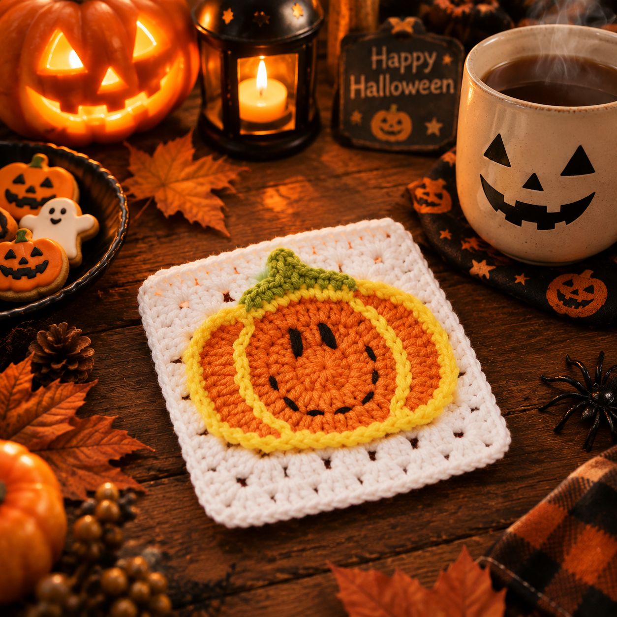 A white granny square with an orange crocheted pumpkin on dark wood, beside a lit jack-o'-lantern, a jack-o'-lantern mug of coffee, decorated Halloween cookies and autumn leaves