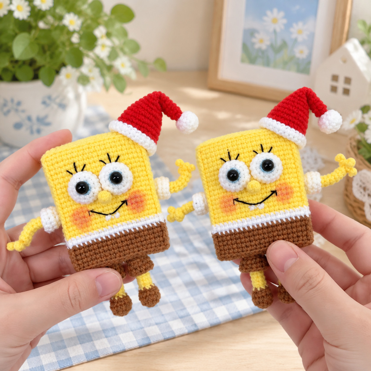 Two crocheted yellow sea sponges in red Santa hats held side by side in two hands above a blue check cloth, both with blue-ringed eyes, eyelashes, a black smile with two white teeth and pink cheeks