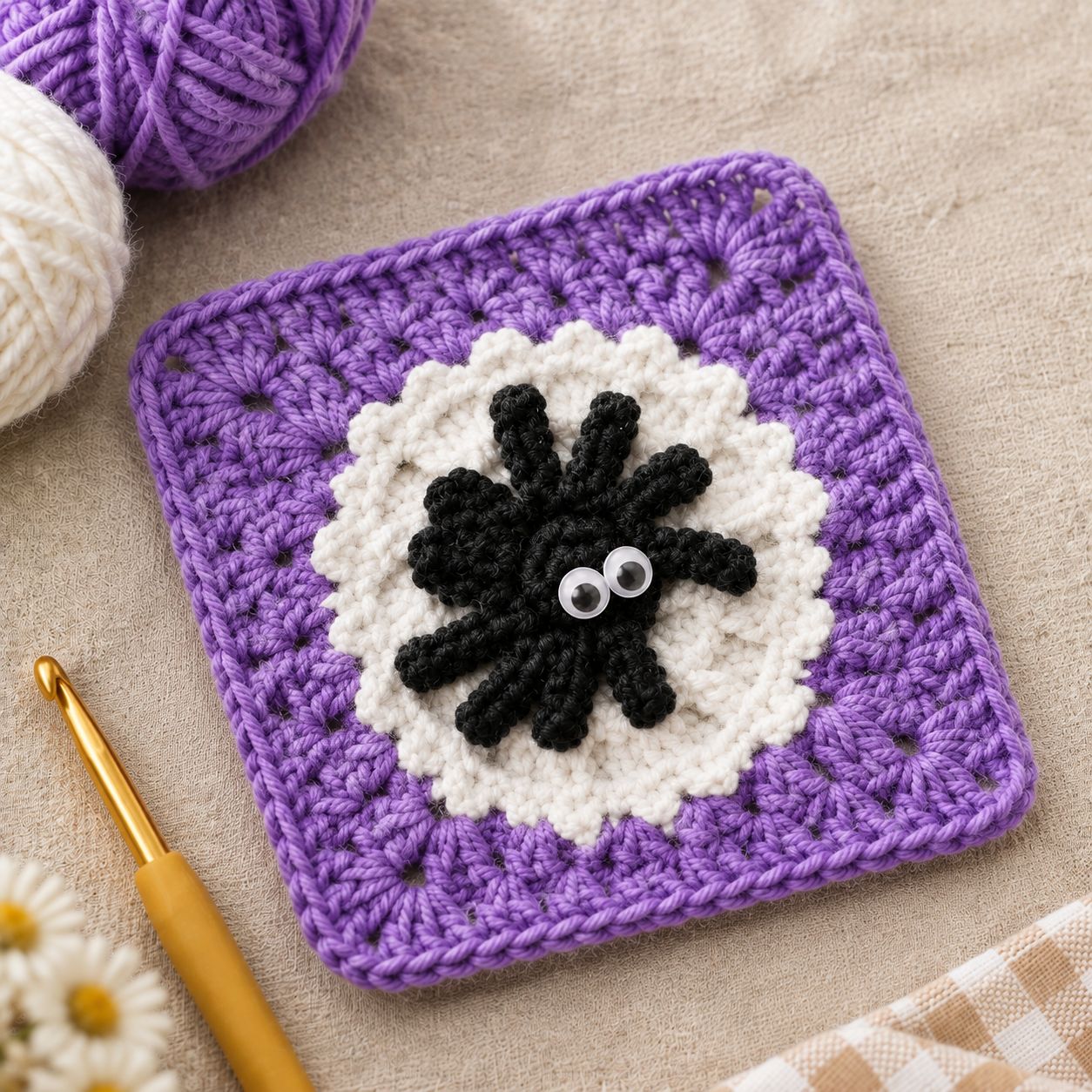 The spider granny square seen at an angle on cream linen, beside balls of purple and cream yarn, a gold crochet hook and a sprig of daisies