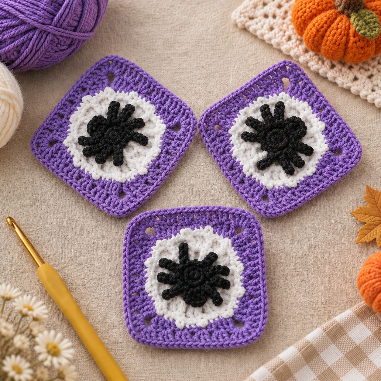 Three purple spider granny squares on cream linen with a ball of purple yarn, a gold crochet hook, a small crocheted pumpkin and daisies