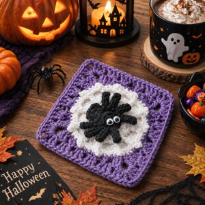 A purple granny square with a white web and a black crocheted spider with googly eyes in the middle, on dark wood beside a lit jack-o'-lantern, a candle lantern and a mug of cocoa