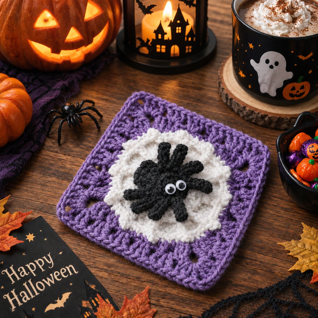 A purple granny square with a white web and a black crocheted spider with googly eyes in the middle, on dark wood beside a lit jack-o'-lantern, a candle lantern and a mug of cocoa