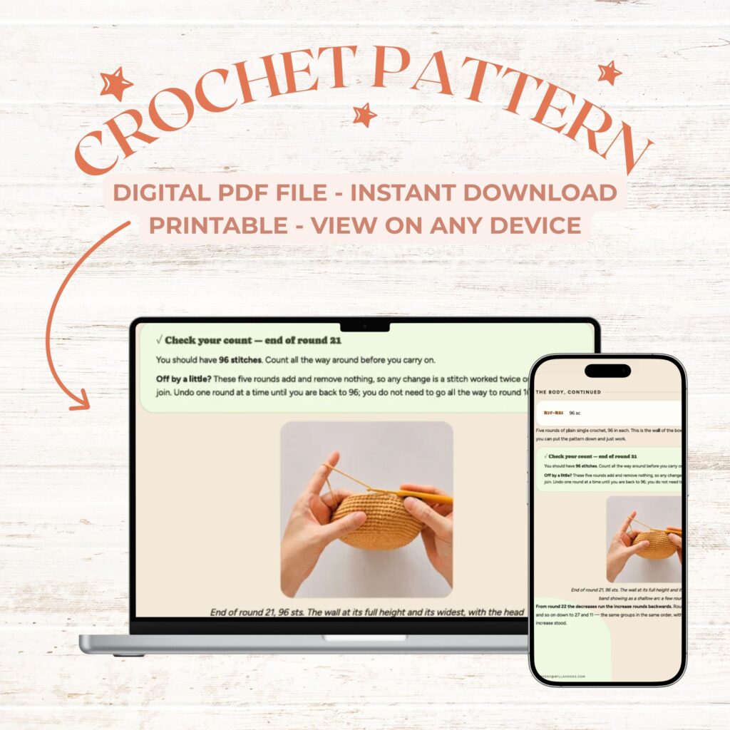 The words Crochet pattern, digital PDF file, instant download, printable, view on any device, above a laptop and a phone both showing a page of this pattern: the round 21 count check of the bowl, 96 stitches, and a photo of two hands crocheting the bowl