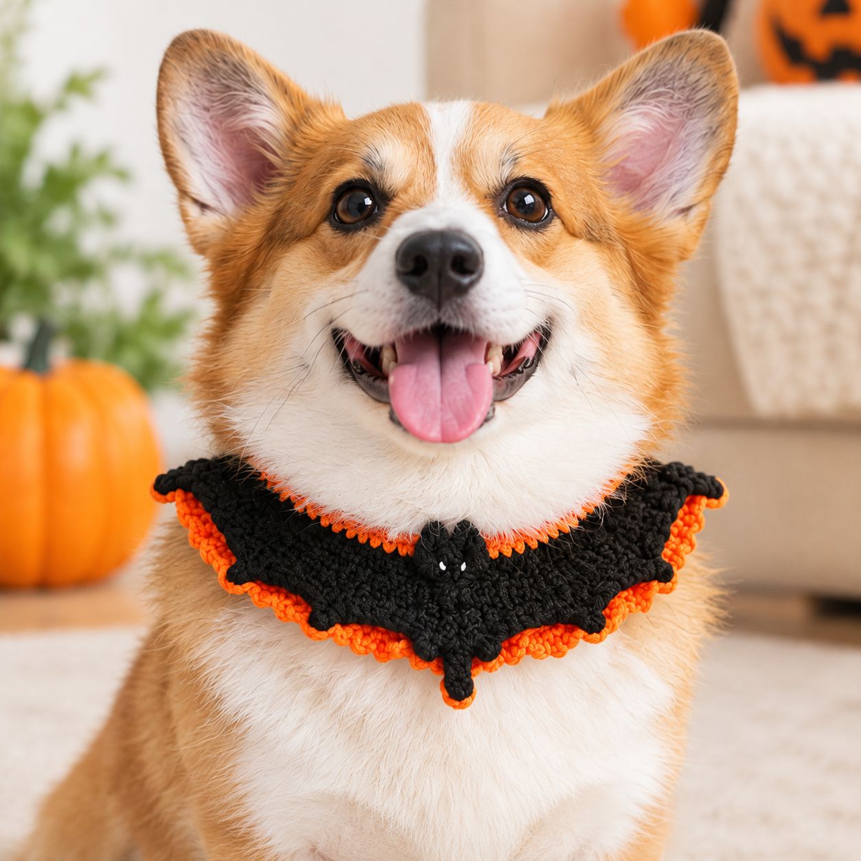 A corgi wearing the black crocheted bat-wing collar with its orange ruffle