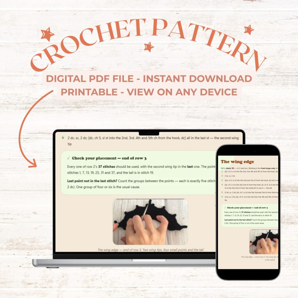 A page of the bat collar pattern PDF shown on a laptop and a phone: the numbered steps of row 3, a green check-your-placement box and a photo of the wing edge being worked