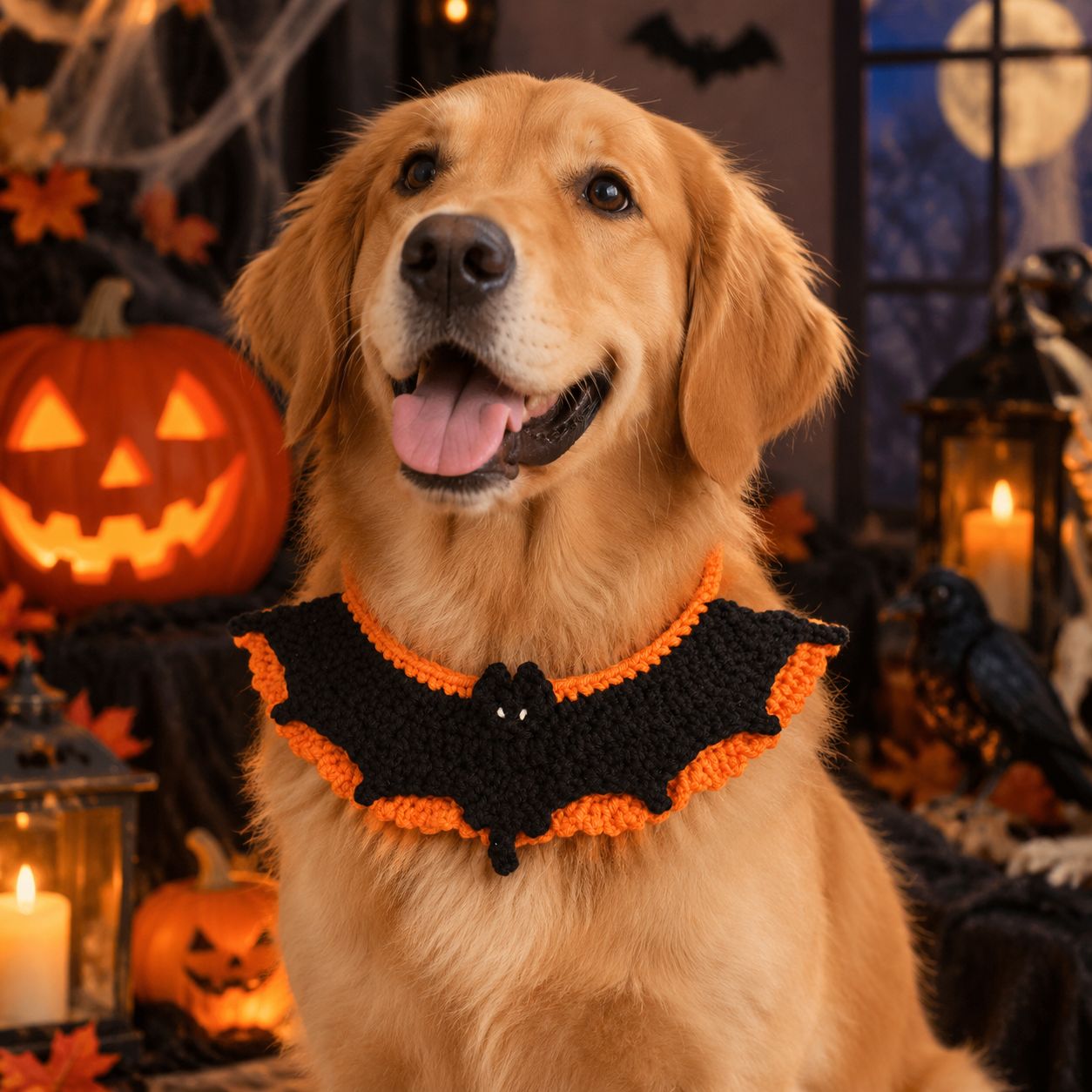 A golden retriever wearing the black crocheted bat-wing collar with its orange ruffle, in a Halloween-decorated room