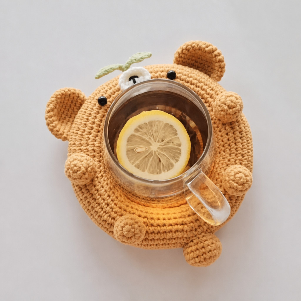 A glass mug of tea with a slice of lemon standing down inside the caramel crocheted bear dish, seen from above on a pale grey background, with the bear's round ears, black eyes, white muzzle and green leaves showing above the mug and its round paws around the rim