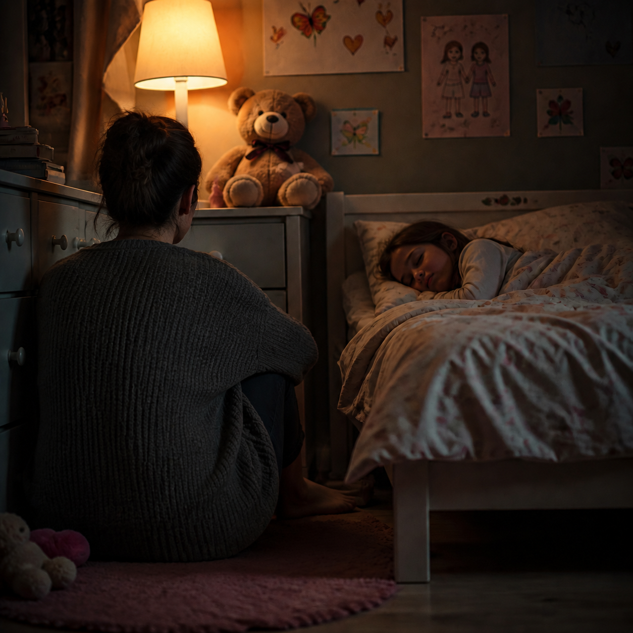 A mother sitting on the floor of a lamplit bedroom, watching her daughter sleep