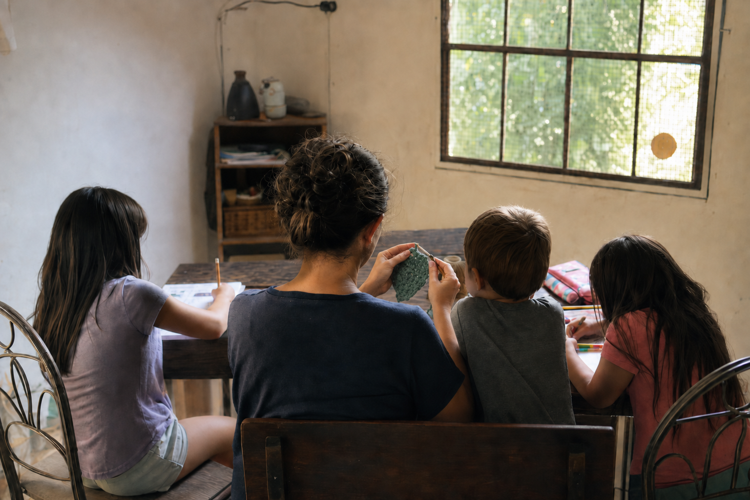 A mother and three children at a table by the window, seen from behind, the mother crocheting a small green piece while the children draw