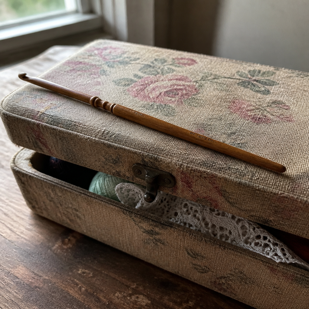 An old wooden crochet hook resting on a faded floral sewing box, with lace and thread tucked inside