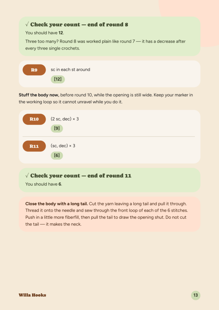 A page of the goggle-eyed duck pattern PDF: the check-your-count box for the end of round 8 with what three too many means, round 9, the step to stuff the body, rounds 10 and 11, the box for the end of round 11, and the step to close the body with a long tail