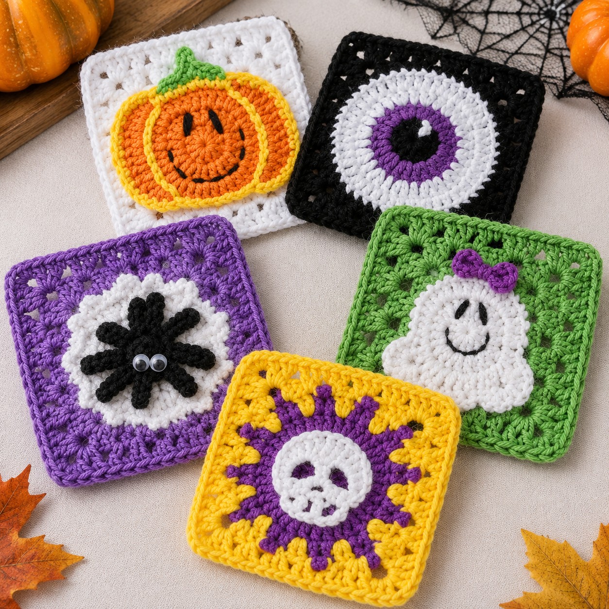 five Halloween patterns: four green squares with white ghosts, a white square with an orange pumpkin, a purple square with a black spider on a white web, three black and blue squares with eyeball faces, and a yellow square with a white skull on a purple sunburst