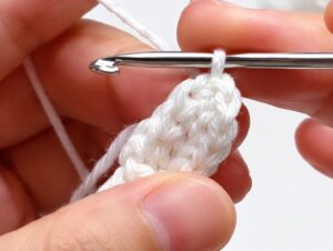The first round of the cat's head on a silver crochet hook: a short strip of white single crochet worked along a chain, held between the fingers, with the working yarn running off to the side