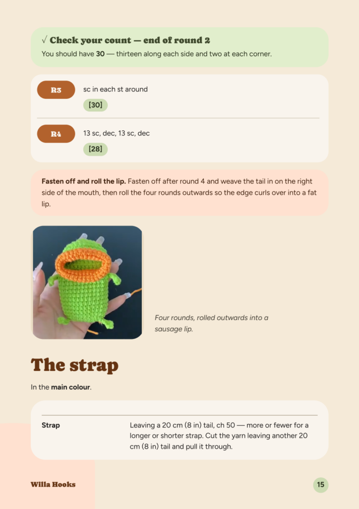A page of the sausage-lip key pouch pattern PDF: the check-your-count box at the end of the lip's round 2, rounds 3 and 4 of the lip with their stitch counts, the note to roll the lip, a photo of the rolled lip, and the strap