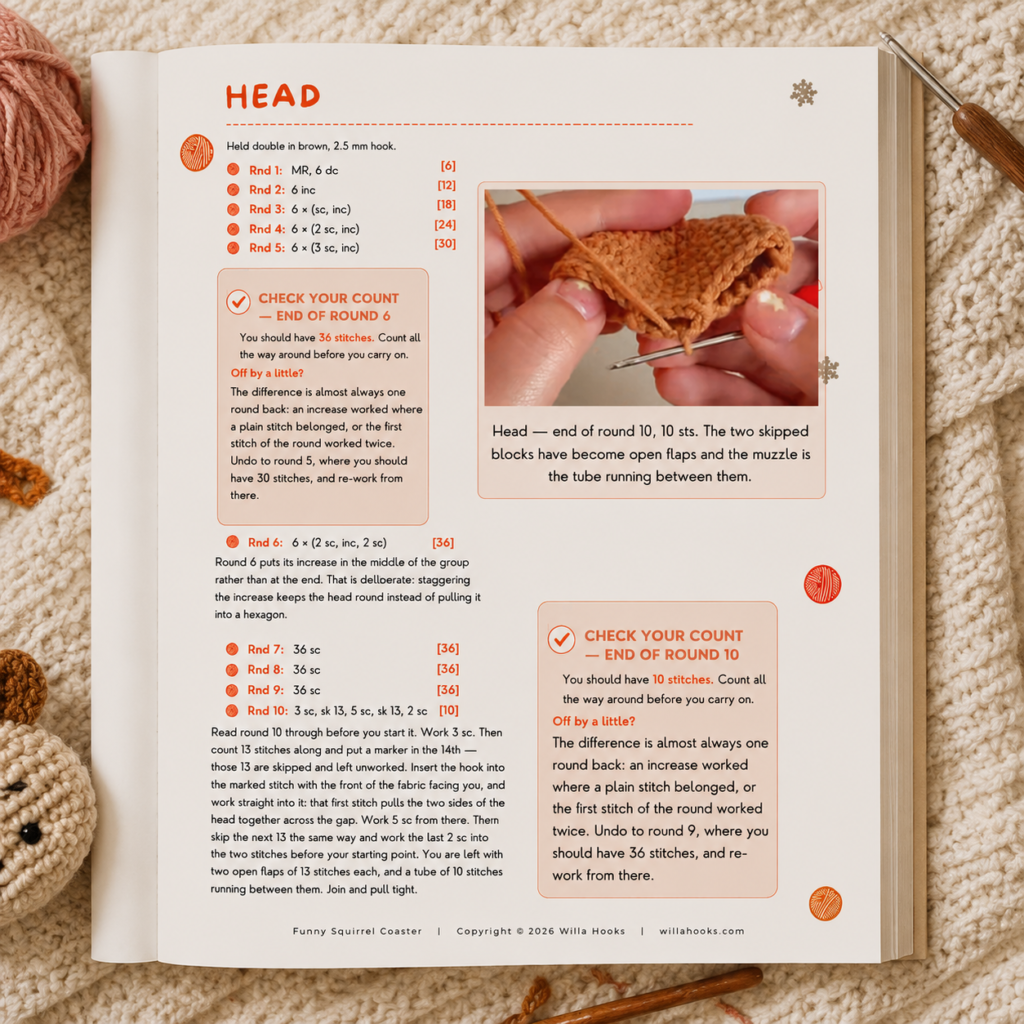 An open Willa Hooks pattern page for the head, with each round written out, a photo of the work in progress and two check-your-count boxes