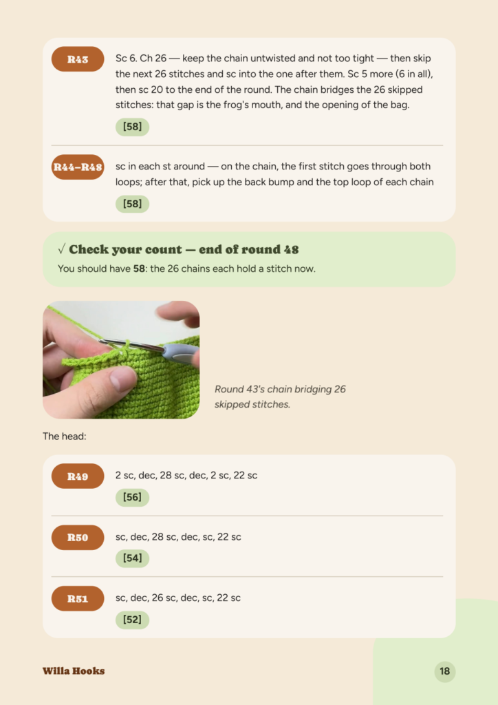 A page of the frog phone bag pattern PDF: round 43, where a chain of 26 bridges 26 skipped stitches, rounds 44 to 48, the check-your-count box for the end of round 48, a photo of the chain, and the first three rounds of the head